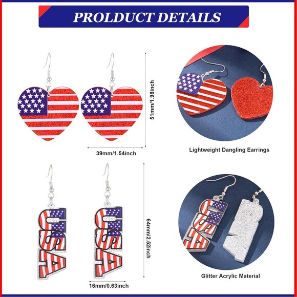 6 Pairs 4th of July Earrings for Women Patriotic American Flag Star Earring Red - Picture 5 of 7